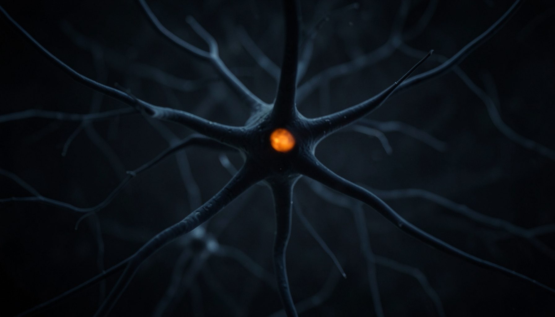 Dark abstract representation of neural pathways with muted blue and grey tones, low-key medical mood