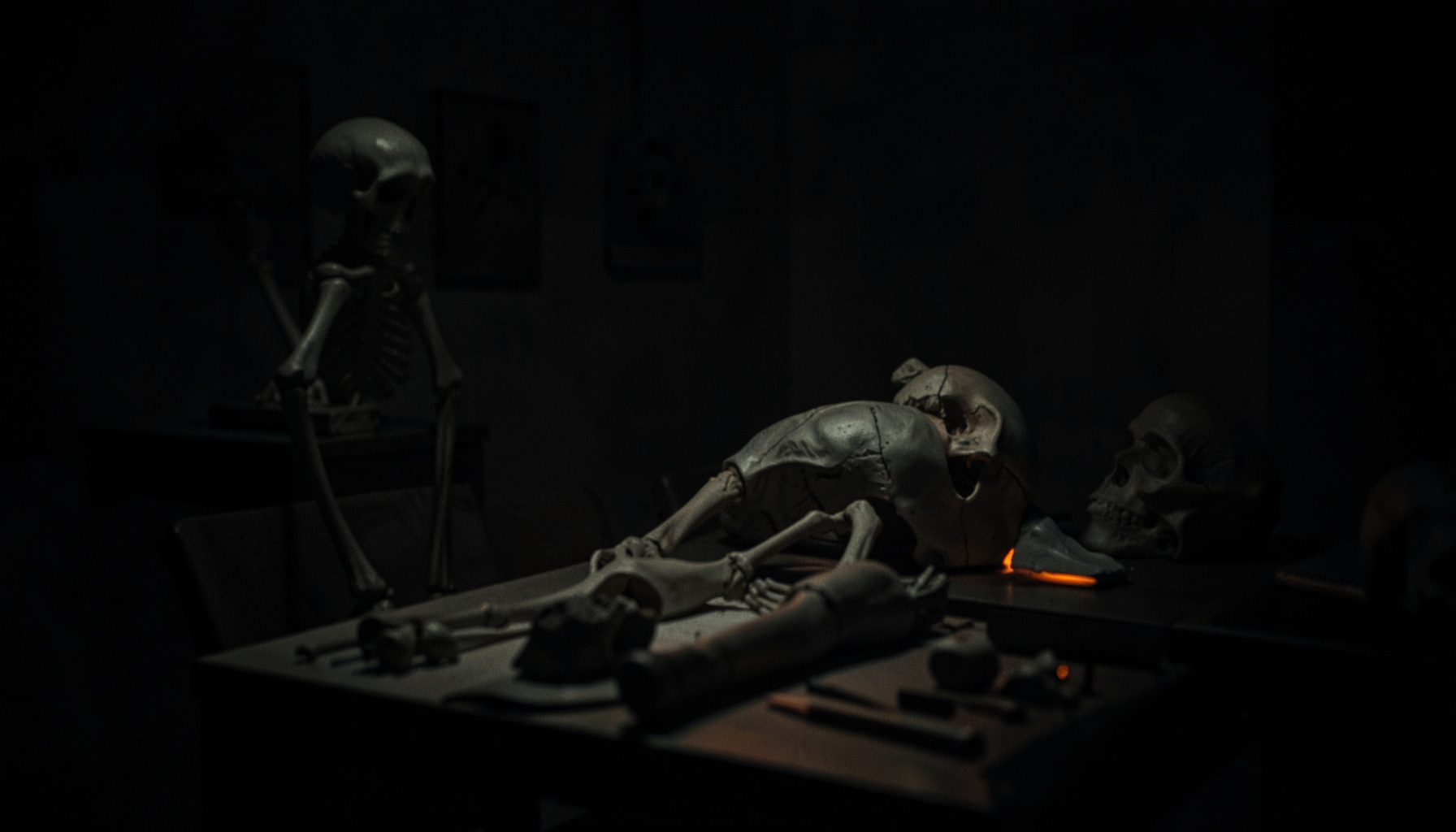 Dark, low-key photograph of a dimly lit anatomical study scene with deep shadows, muted charcoal and slate tones, conveying a quiet medical atmosphere