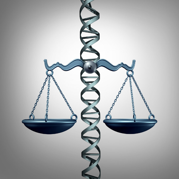 Circular emblem combining a justice scale and DNA helix in gray and blue.